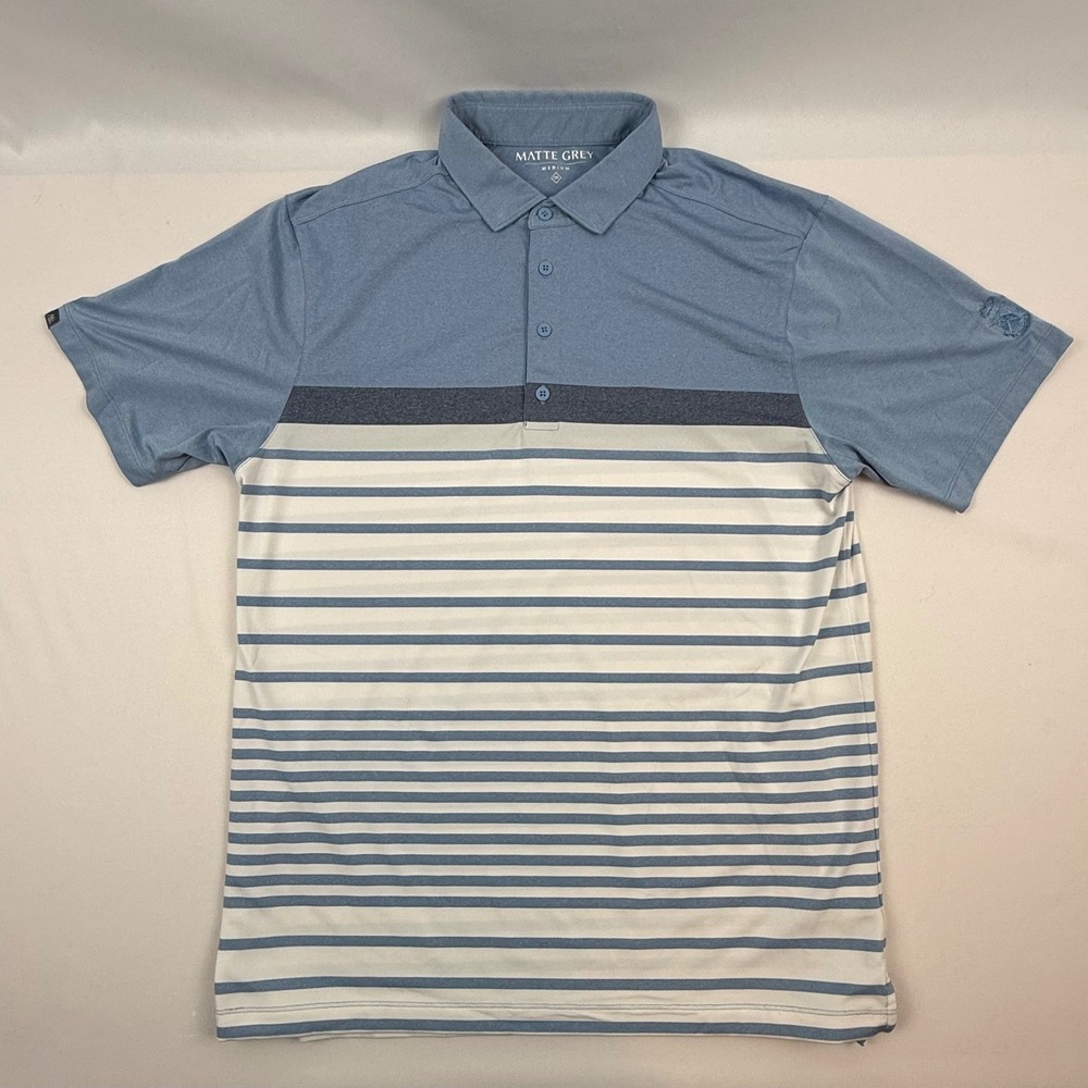 Matte Grey Mens Blue Striped Performance Golf Polo‎ Shirt Capitol City CC Medium